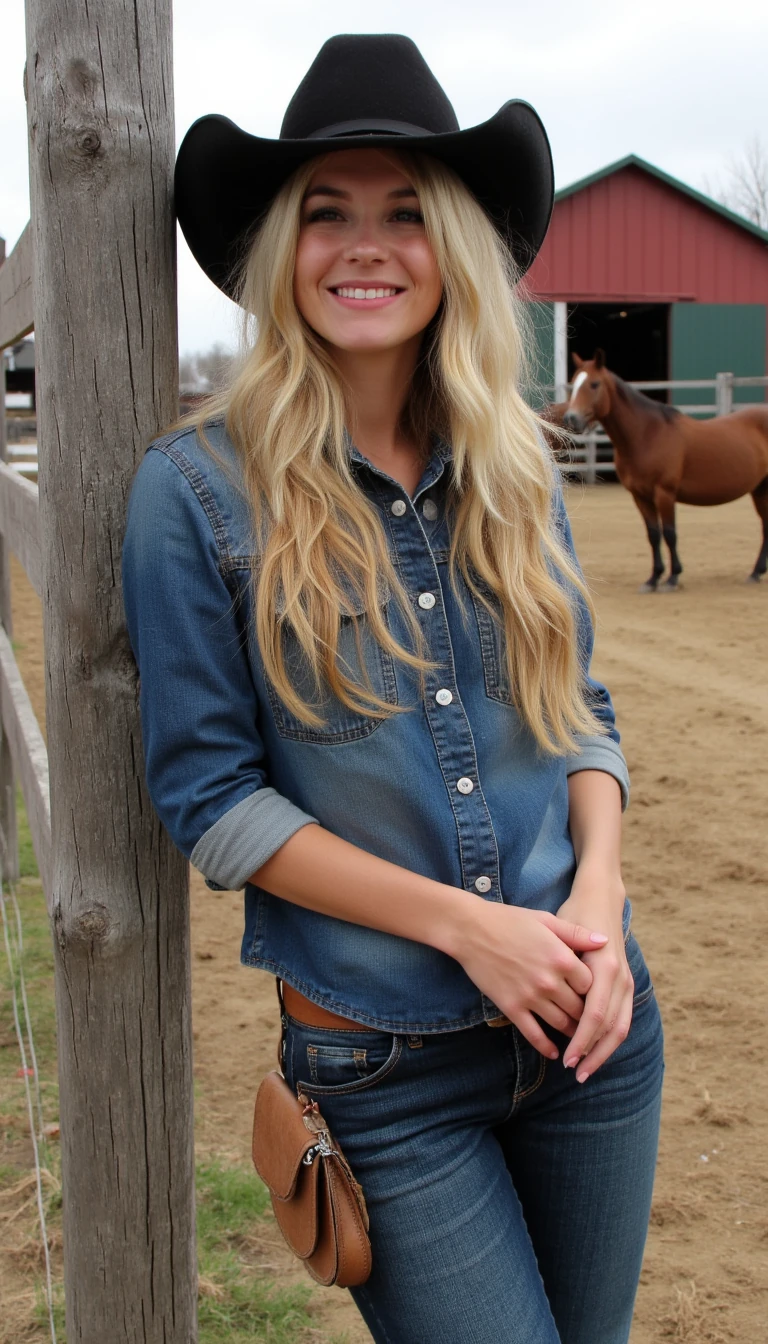A photorealistic image of a 29-year-old lady with long blonde wavy hair, with medium size breasts and a perfect white smile, wearing a traditional black cowboy hat and tight wrangler jeans, cowboy boots, leaning against a wooden fence on a farm with a barn in the distance with horses