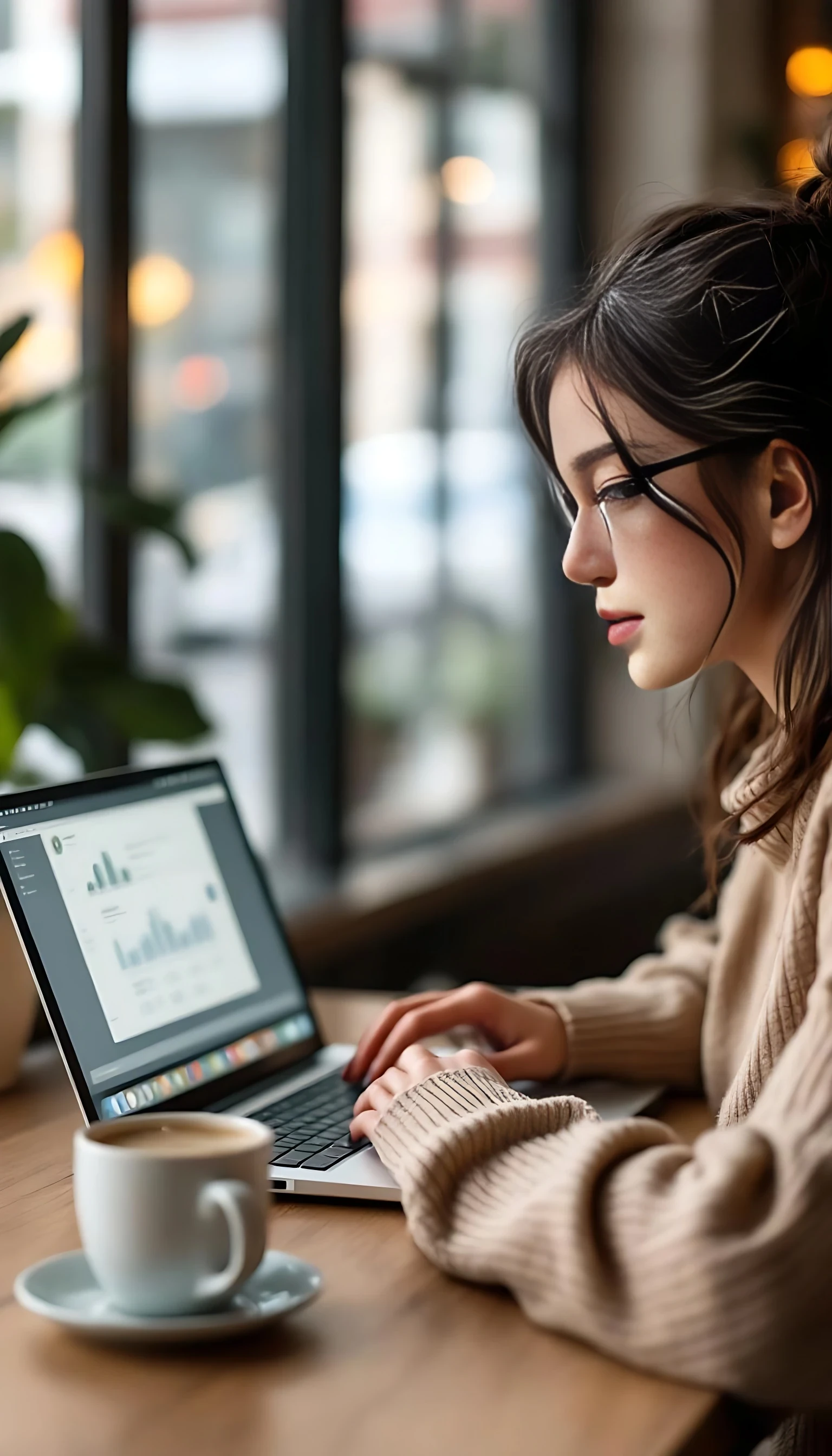 girl looking at laptop screen with a coffee cup beside her, wearing glasses and a beige sweater, working remotely in a cozy café setting – productivity and aesthetic lifestyle mood.

Negative prompt:
deformed hands, extra fingers, double face, bad anatomy, blurry eyes, bad hands, disfigured, mutated limbs, asymmetrical eyes, broken fingers,low face quality,face distortion,face inconsistency,
inconsistent lighting