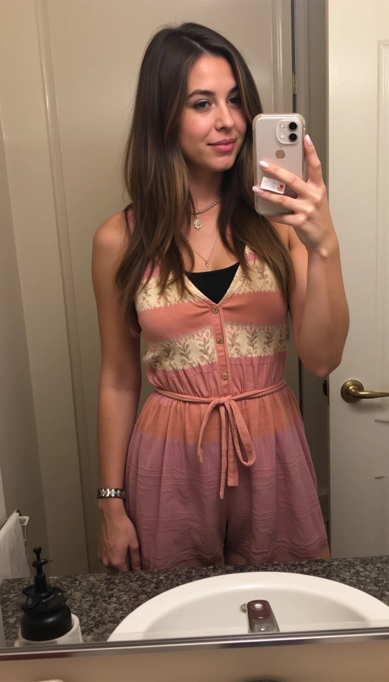 boring low quality snapchat photo circa 2015, cute woman, soft light brown hair, full outfit