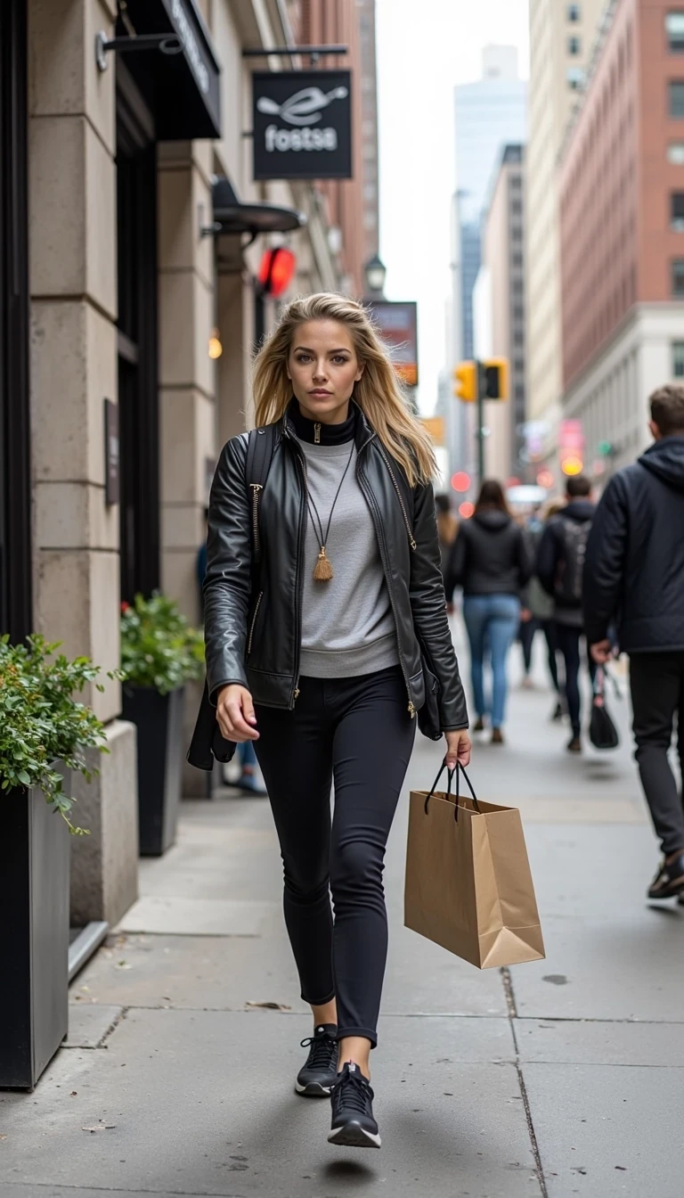 A fun active woman enjoying a walk in Manhattan and shopping