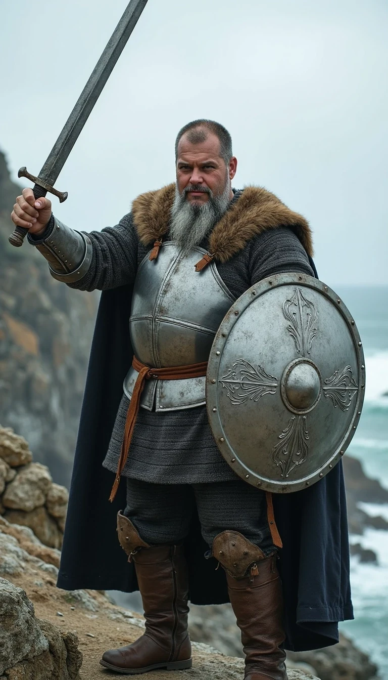 CSTMDL as grey bearded Viking with a viking sword and stylish viking silver shiny Plate armour , standing in warpose on the windy cliff and hold the viking sword forward high over the shield with the left hand,  in his right hand he hold a typically fine ornated metal Viking shield
