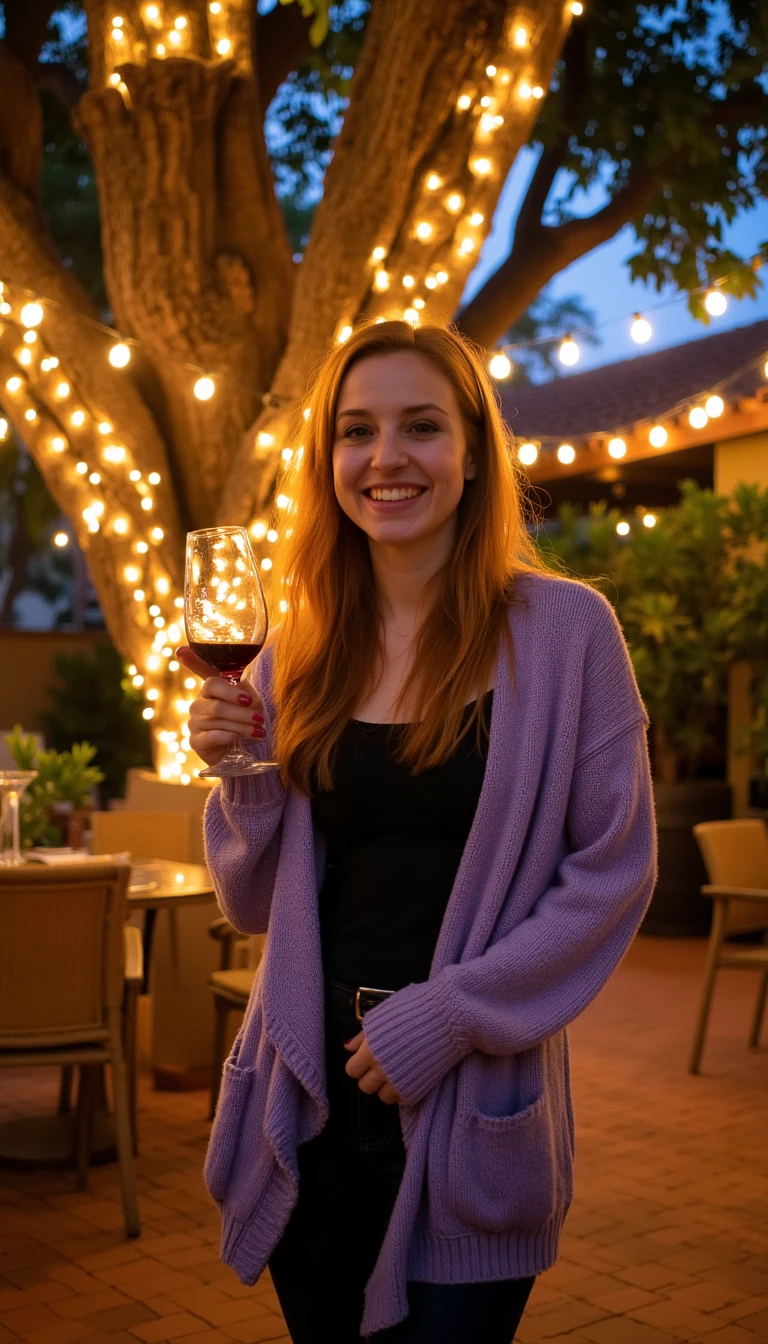 A full body shot photo of a woman standing outdoors at a cozy, warmly lit patio in the evening, with soft, glowing lights wrapped around a tree behind them creating a charming atmosphere. The image is rich in detail, with warm tones and clear textures throughout. The woman has fair skin, a slim build, and long reddish-blonde hair, also worn loose. She is smiling warmly at the camera, holding a glass of red wine in her right hand, and wears a soft-textured lavender cardigan over a black top. The background features a large tree with sparkling string lights wrapped around its trunk and branches, adding a magical touch to the scene. The setting suggests a private outdoor seating area, with elements like terracotta-tiled roofing, greenery, and rattan chairs contributing to a serene, inviting vibe. The overall composition is balanced, with the woman framed against the softly glowing tree, and the lighting enhances the warm, intimate feel of a quiet evening shared among friends. The details are vivid, with textures of clothing, skin, and background elements clearly visible, while the warm lighting creates a relaxed and joyful mood