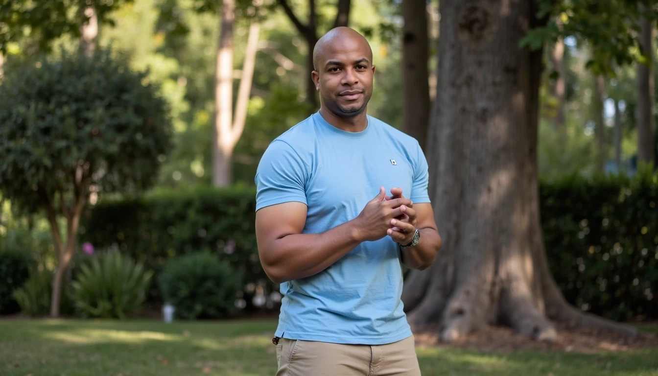 iPhone Photorealistic Full body image. make him more realistic and similar. Tech CEO, He is wearing baby blue t shirt and tan khakis. Slim but muscular build. He enjoying an evening with 4 people. He looks like a confident stud, CSTMDL, Face of Carter and bald head