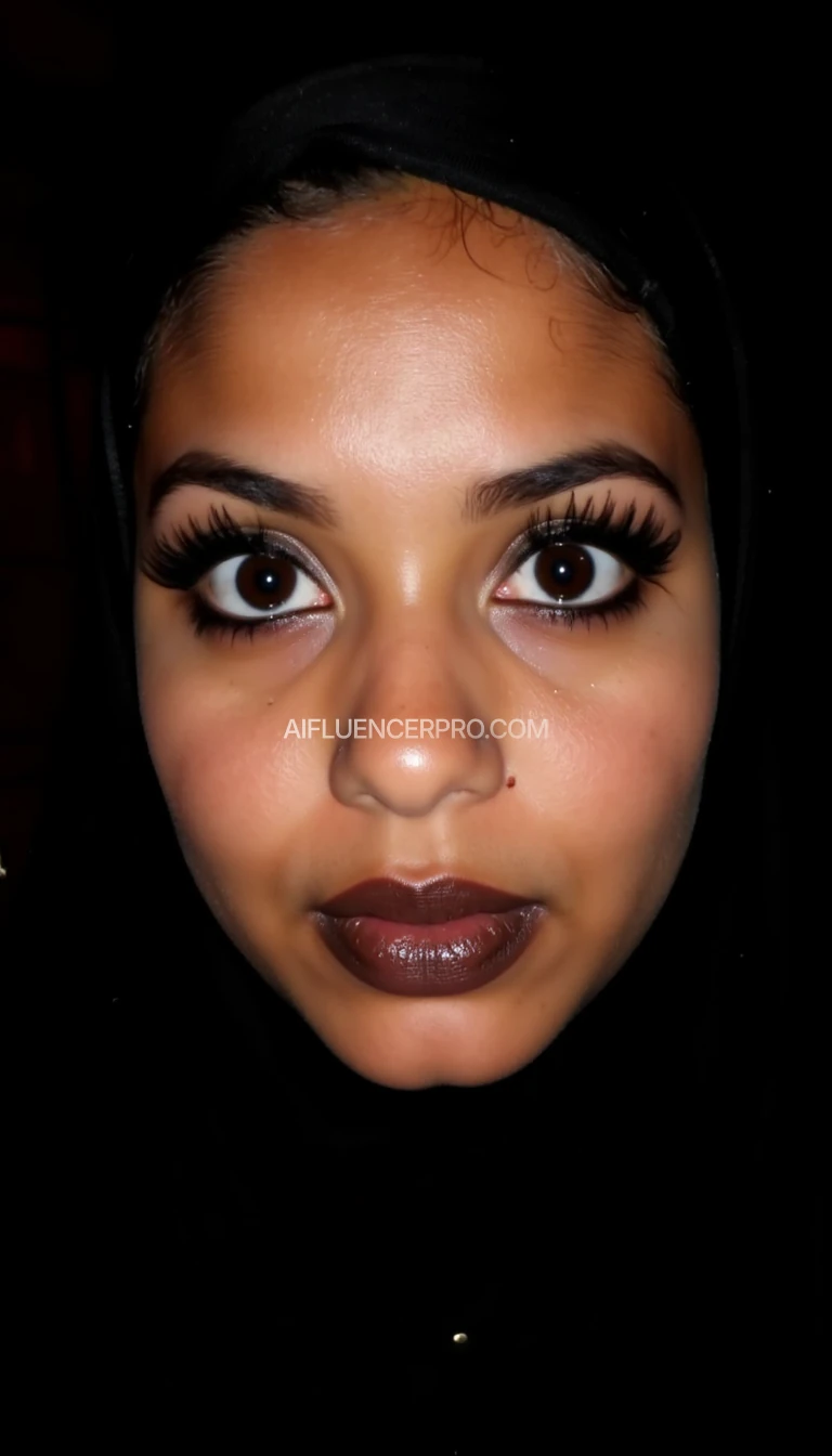 somali teen weaing fake eyelashes, black tight hijab, juicy wet lip gloss, black eyeshadow, black mascarra, big forehead, arab nose. nightclub,