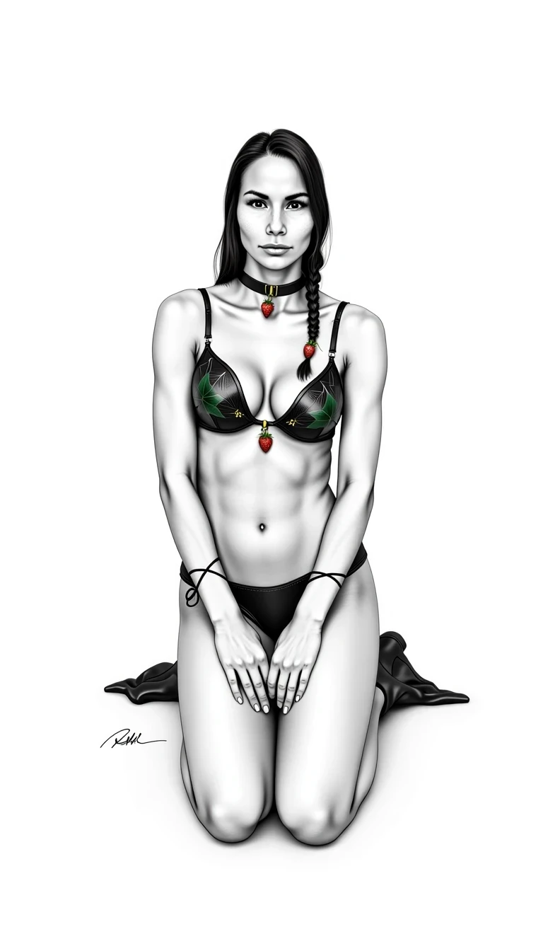 Handdrawn black and white ink line art of CSTMDL ... a 25-year-old native American woman. The woman who is Native American in appearance has light tan skin tone, she is 5 foot 8 inches tall, small breasts, flat chest, her nipples are small petite and dark skinned with long hard pointy nipple ducts that visiblly poke through her bra. She is wearing her hair in a native American style with 2 long braids. She is wearing real strawberry earrings. She is wearing a wide leather choker with a strawberry hanging from it. She is wearing a top that consists of two real snapping turtle shells shaped like turtle shells with a defined rigid esthetic exterior on the surface in a dark green palette, a turtle shell fitted over each breast, they only cover her nipples, her turtle shells are strung together only in the middle of her chest there are no strings on her shoulders to turn them both into a bra. They look rigid and tough. They are real turtle shells. There are real vines with strawberries hanging from outfit real vines with strawberries on them. The woman has vines and strawberries wrapped loosely around each arm. She is kneeling on the ground with legs spread apart towards the camera. She is maintaining intense eye contact with the camera staring stoically without any other expression at all. The composition captures a casual, candid moment, romantic setting, Hyper realism, captured with a nikon d850, 16k, uhd, ultra-sharp focus, depth of field, perfect meshes and textures, highly detailed, highly accurate reflections, volumetric fog, volumetric lighting, volumetric light, hdr, ray tracing, cinematic shooting style,