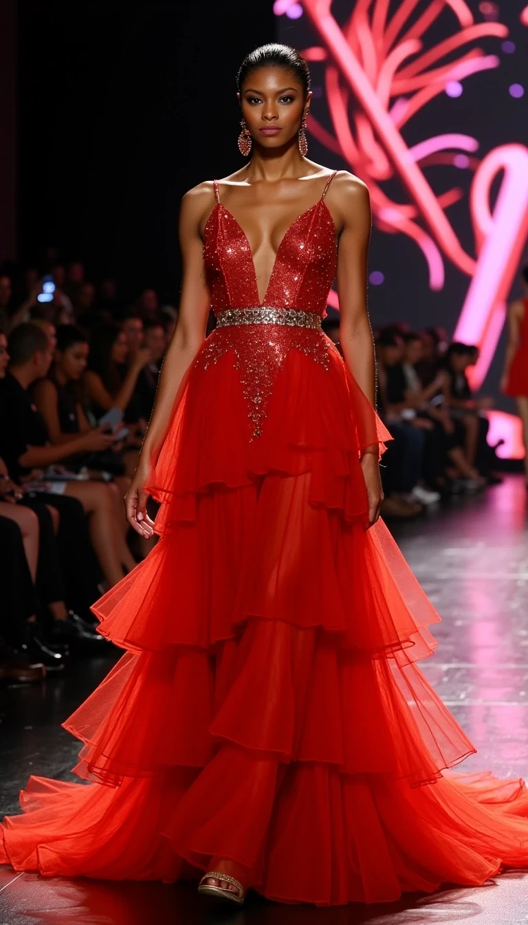 Finale Moment
Shot on Canon R3, 24-70mm f/2.8, ISO 1600, 1/800 sec. Wide shot capturing model leading finale walk. Valentino red tulle explosion, dramatic train. Light olive brown skin luminous under mixed lighting: LED strips + follow spot. Complex lighting pattern shows skin's natural highlights. Backdrop: massive LED wall displaying abstract art. Other models visible in background creating depth. Fashion editor phone lights create organic bokeh. CSTMDL