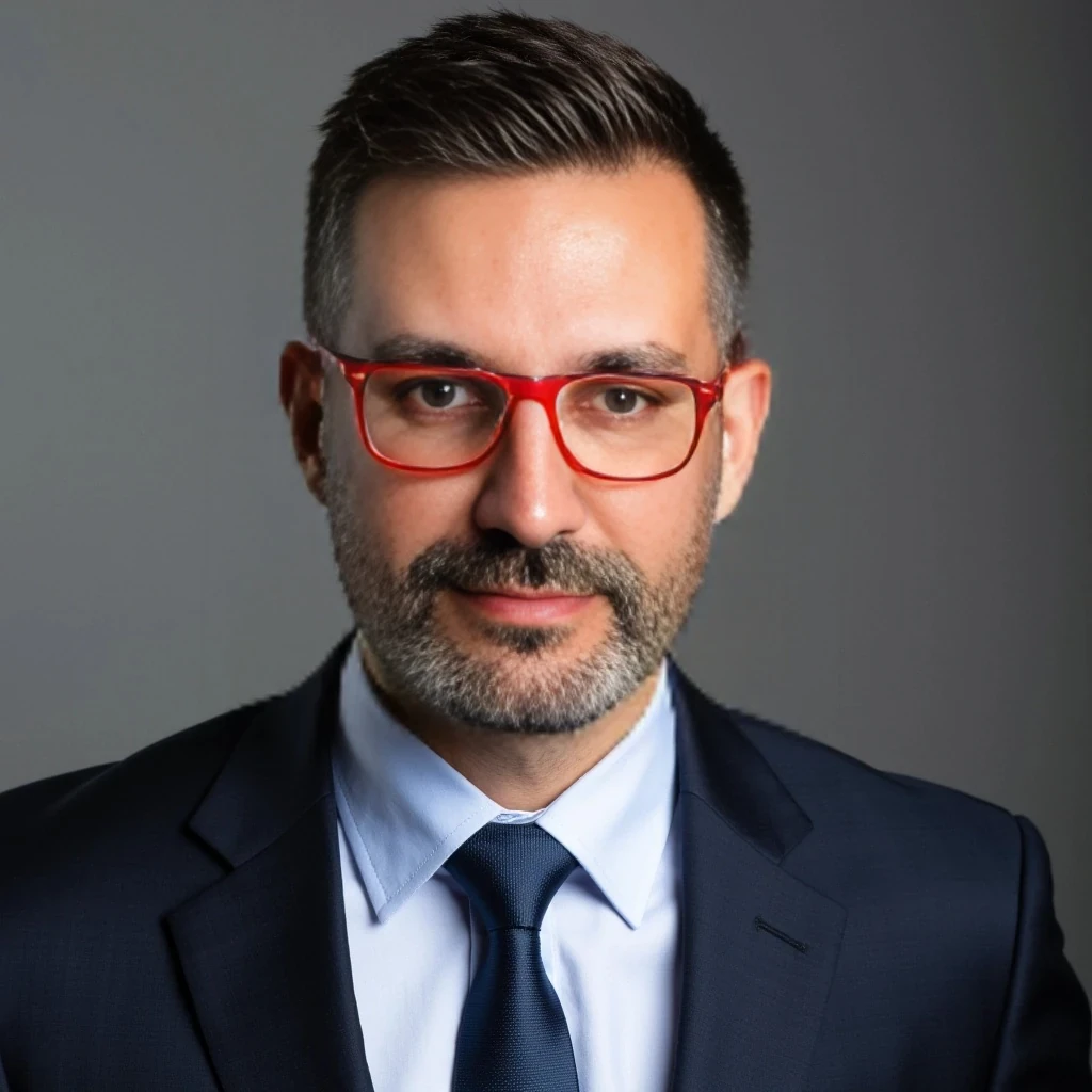 Businessman, with the exact same face as the attached photo and the exact same haircut. He is wearing a suit and modern red Ray-Ban reading glasses. Slim but muscular build, with a midium beard like in the photo but more neatly groomed. Same haircut as in the attached photo. He is facing the camera directly, as if posing for a LinkedIn profile picture.