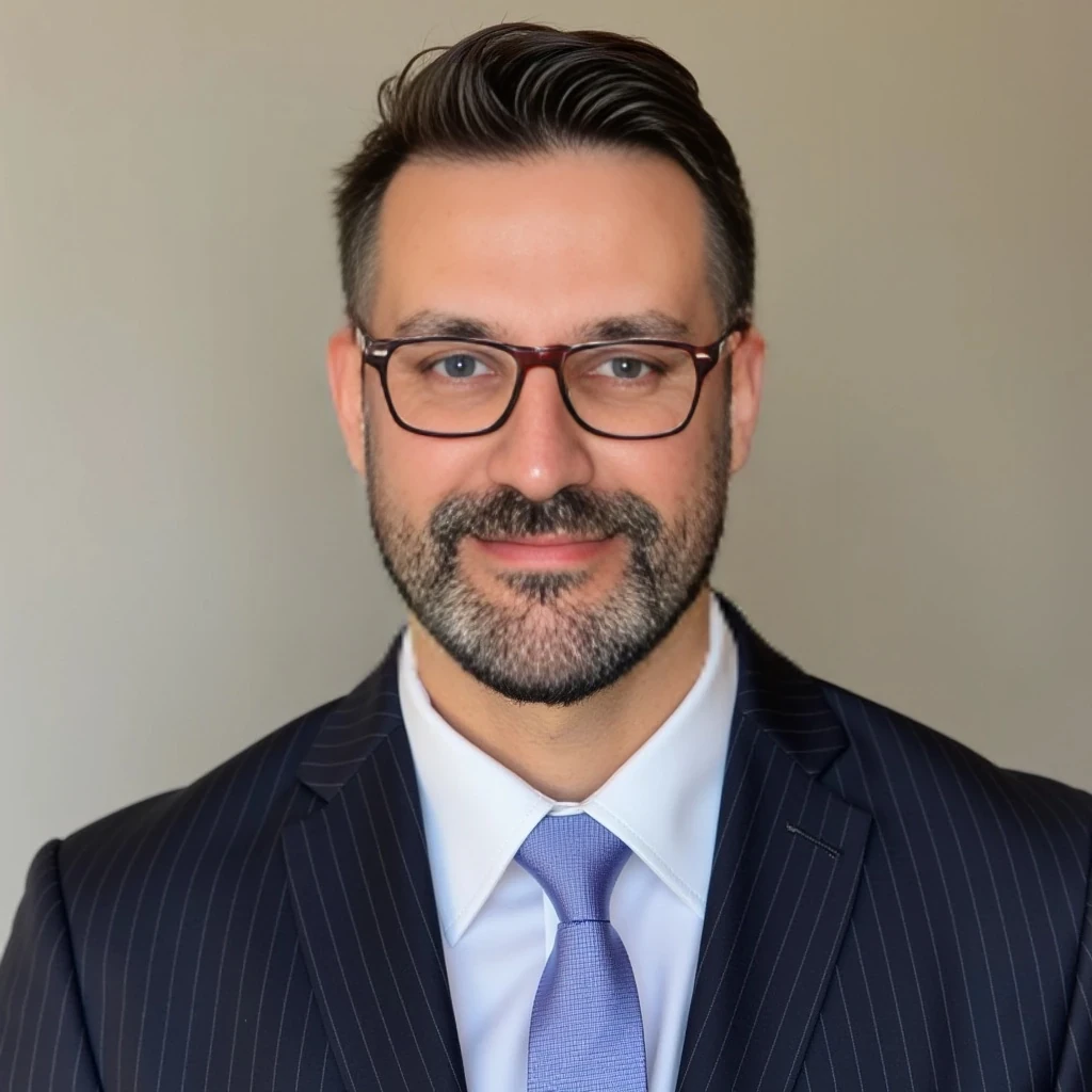 Businessman, with the exact same face as the attached photo and the exact same haircut. He is wearing a suit and modern red Ray-Ban reading glasses. Slim but muscular build, with a beard like in the photo but more neatly groomed. Same haircut as in the attached photo. He is facing the camera directly, as if posing for a LinkedIn profile picture.