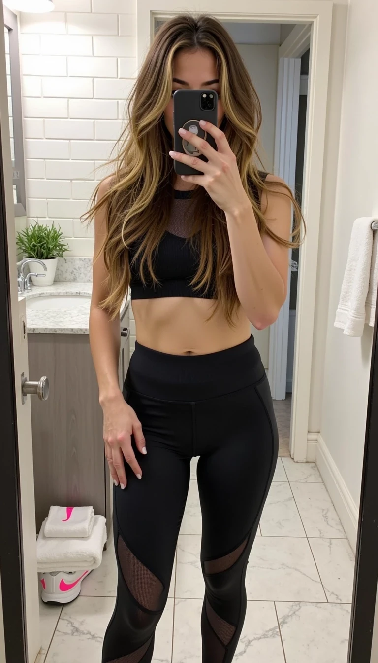 Selfie photo of CSTMDL taken for Instagram in a modern bathroom. In front of a large wall-mounted mirror, a young woman captures a full-body selfie. Her face is completely obscured by her phone held up at eye level, with her hand gripping the device blocking any view of her features. The phone's case is visible - a simple black or clear design with no logo - positioned directly in front of where her face would be.
Her long hair cascades well past her shoulders in gorgeous multi-dimensional waves. The color is particularly striking - deep brown roots gradually melt into rich caramel tones through the mid-lengths, with sun-kissed blonde highlights dancing throughout, creating movement and depth. The waves are natural and flowing, falling around her shoulders and down her back, with that enviable combination of volume and softness that suggests healthy, well-cared-for hair.
She stands with confident posture, one hip slightly cocked to create an elegant S-curve silhouette. She's wearing a black sports bra which holds her triple D boobs, with a racerback design. High-waisted athletic leggings in a matching black with mesh panels running down the sides of her legs. The activewear fits perfectly, showing she's either heading to or returning from a workout. Her free hand rests casually on her hip. She's wearing white athletic sneakers with a pop of neon pink on the swoosh logo.
The bathroom setting is clean and modern - white subway tiles on the walls, a sleek vanity with marble countertop visible at the edge of the frame. Soft, flattering bathroom lighting from above creates a gentle glow on her hair and skin. The large mirror reflects the entire scene, showing her full body from head to toe, though her face remains completely hidden behind the phone. Small details like a potted succulent on the vanity and folded towels add to the aesthetic. The overall impression is of someone capturing their gym outfit or post-workout selfie for social media. photorealistic, high detail, natural lighting, 8k resolution, sharp focus, professional photography, ultra detailed, cinematic composition, depth of field, realistic textures, ray tracing, ambient occlusion