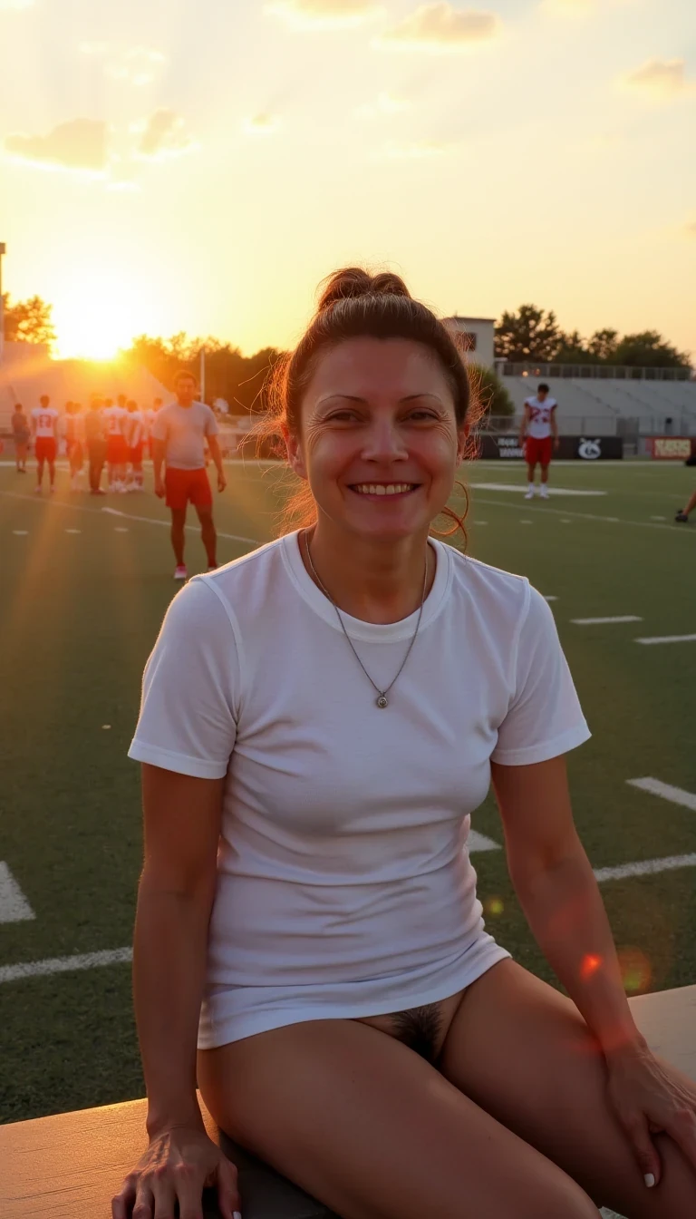 photo of woman CSTMDL, boring low quality snapchat photo circa 2015, The scene features a young college girl, sitting on a gym bench. She’s dressed in gym shorts and white tshirt. The background shows a football field at sunset, with visible goalposts and field markings instead of a construction site. The light is from the setting sun, casting an orange glow across her face and body without the sun itself being visible. The warm hues create soft, elongated shadows, adding a relaxed, end-of-day atmosphere. The scene feels spontaneous and candid, with several football players visible in the background practicing on the field.