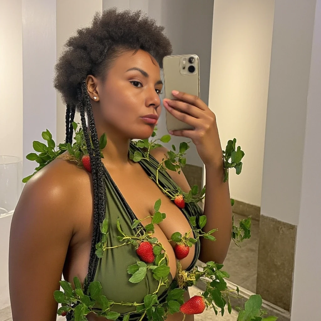 A selfie photo of a slim woman with hexcode #f6c8a4 skin tone, she has a slender petite build with petite small tiny boobs, she has hard small dark skin nipples that have long pointy nipple ducts and small dark skinned areolas, her hair is styled with two long braids, topless in a top, the woman is wearing a bra that consists of real vines in a dark green palette, the vines drape across and surround her entire body arms and neck, there are strawberries hanging from the vines that surround her body in various places, real vines with real strawberries, 16k, uhd, ultra-sharp focus, perfect meshes and textures, highly detailed, highly accurate reflections, natural lighting, natural light, amateur photography,