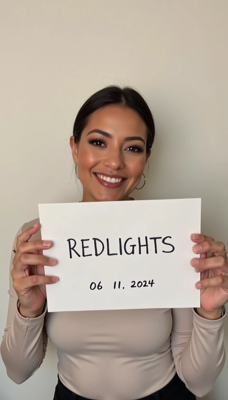 photo of woman CSTMDL, casual photo taken on an iPhone, woman holds a sign with handwritten text. She is wearing long sleeves and has neutral makeup. The sign reads "REDLIGHTS" followed by "06/11/2024" in a simple script. The background is a plain, light-colored wall, providing a minimalist and uncluttered setting.