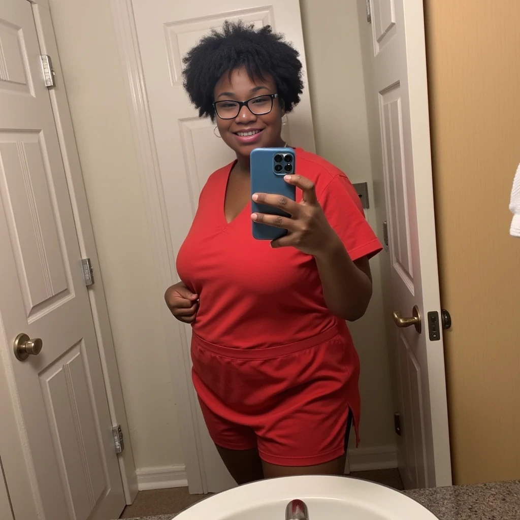 boring low quality snapchat photo circa 2015, mirror photo, mirror shot,  cute woman, thick body, standing, full body, big butt, nurse, short curly hair, short hair, lightskin, African American, huge butt, short, facial, bbl, thick, big ass, voluptuous 