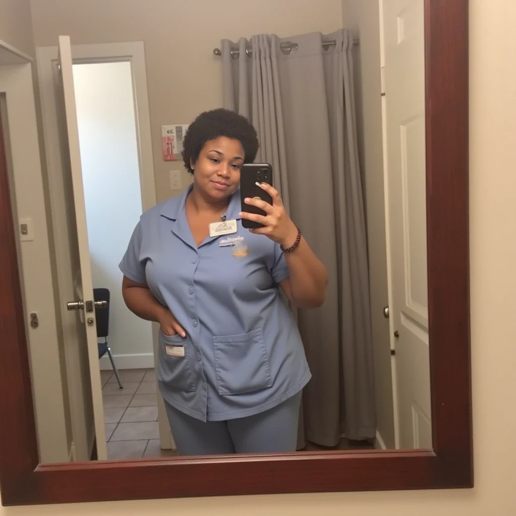 boring low quality snapchat photo circa 2015, mirror photo, mirror shot,  cute woman, thick body, standing, full body, big butt, nurse, short curly hair, short hair, lightskin, African American, huge butt, short, facial, bbl, thick, big ass, voluptuous 