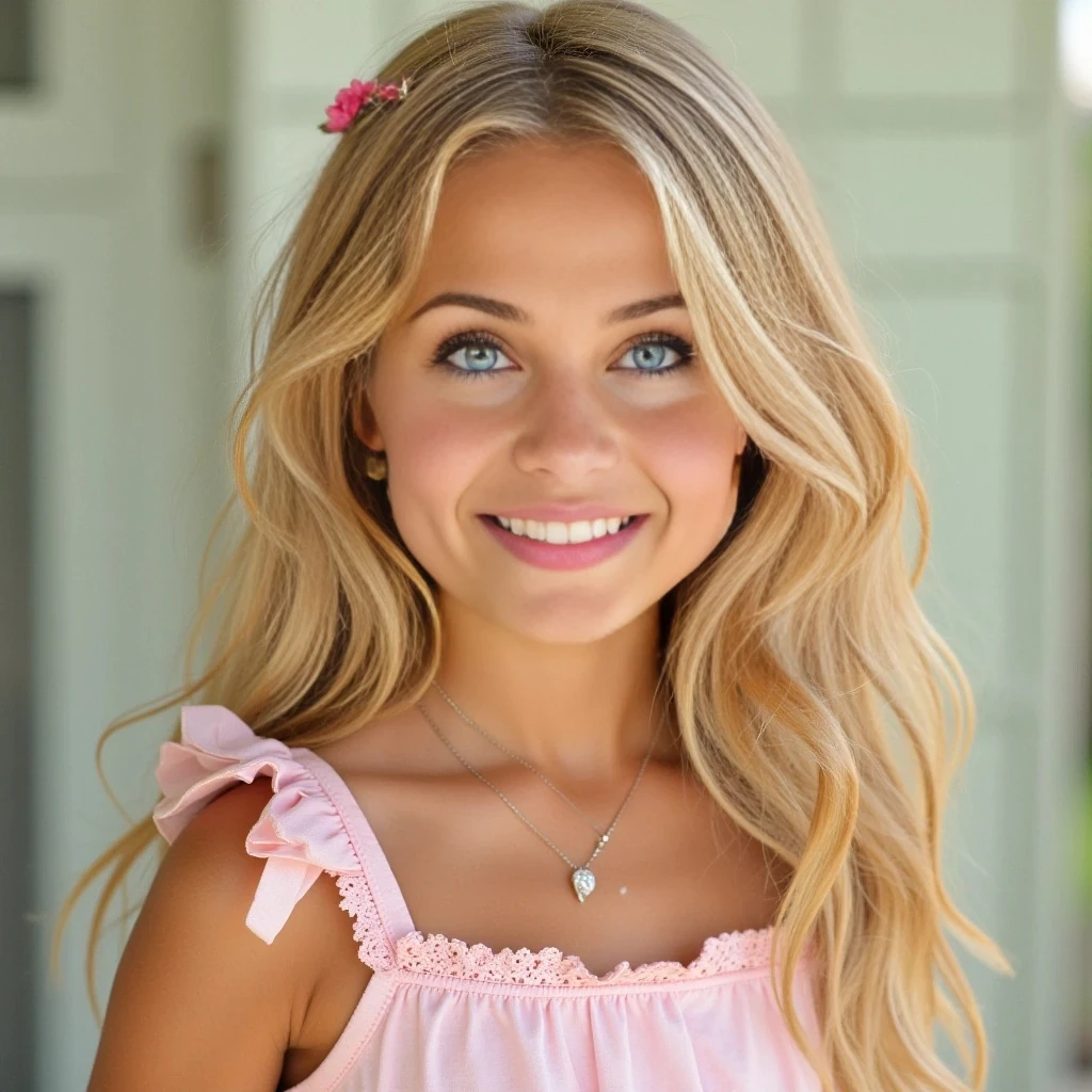 A super cute 18-year-old blonde girl with a sweet, angelic face and an innocent, cheerful expression. She has large, sparkling blue eyes full of warmth and curiosity, framed by thick lashes. Her skin is smooth, fair, and glowing with a natural flush on her cheeks. Her lips are soft and pink, shaped in a gentle smile that adds to her youthful charm. She has long, wavy golden-blonde hair that flows freely down her back and shoulders, catching the light with a silky shine.

Her figure is petite and feminine, with soft curves and a youthful grace. She wears a light, summery outfit — a pastel-colored sundress with delicate lace trim and a flattering but modest cut that enhances her sweet and playful vibe. A small pendant necklace and maybe a flower tucked in her hair add to her cuteness.