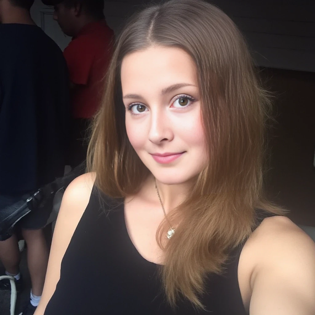 boring low quality snapchat photo circa 2015, cute woman, soft light brown hair, dress