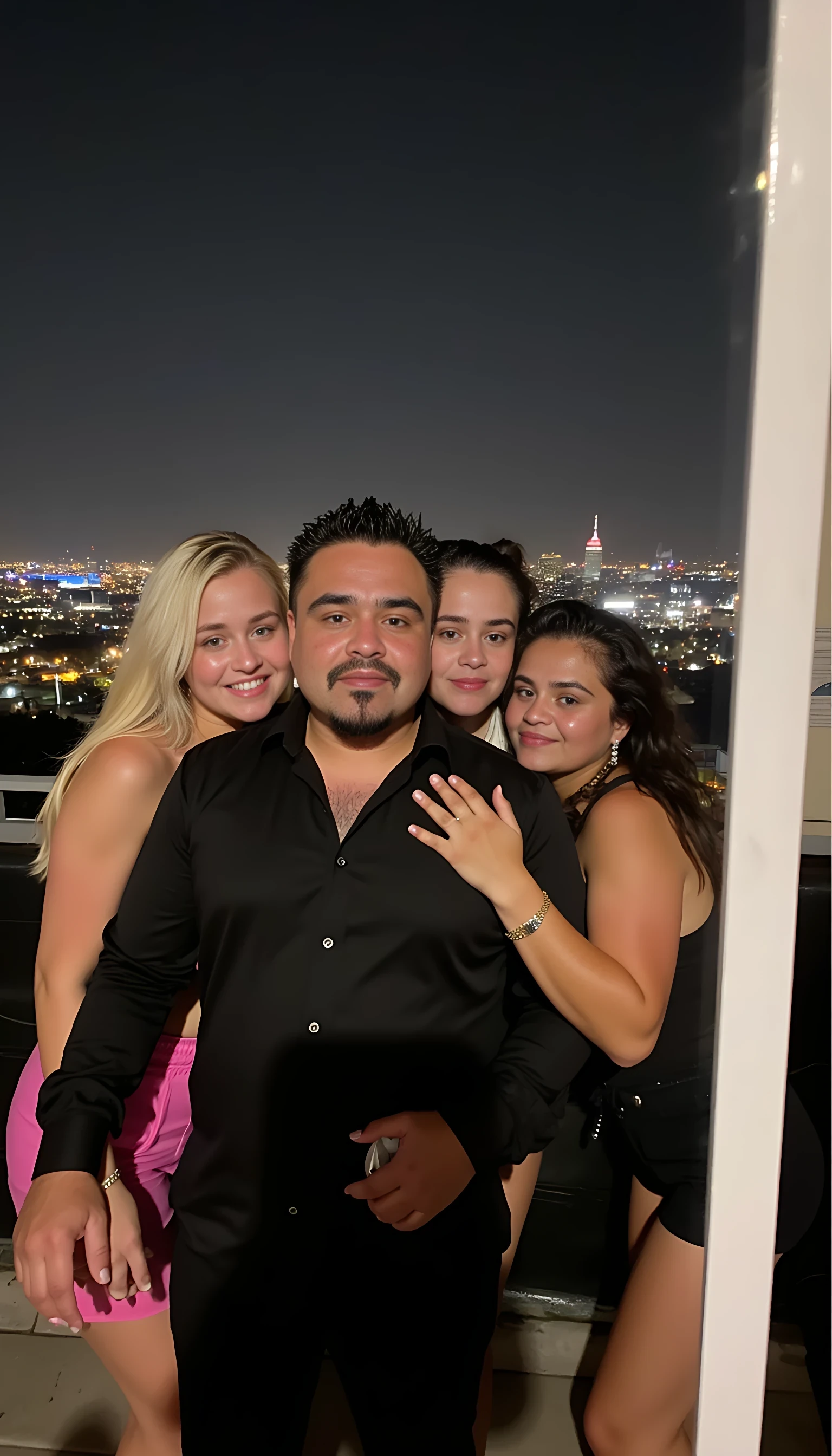 Selfie in a  mirror full man body wearing a  nice black dress shirt   Hugging with 2 blonde girls with blue eyes and 2 Mexican girls in a  big city night lights background 
