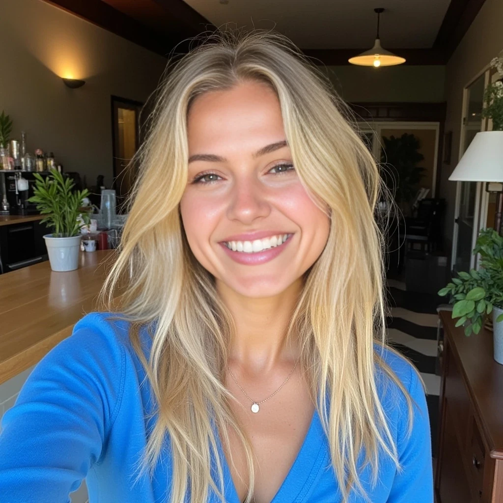 4K, A beautiful young woman with blonde hair, no makeup, naturally imperfect skin, rough skin, smiling warmly as she takes a selfie. The focus is on her radiant expression and the center of her chest, capturing her confidence and charm. The background features a coffee shop and a few carefully placed plants, adding a cozy, stylish touch, with her being featured in a blue top