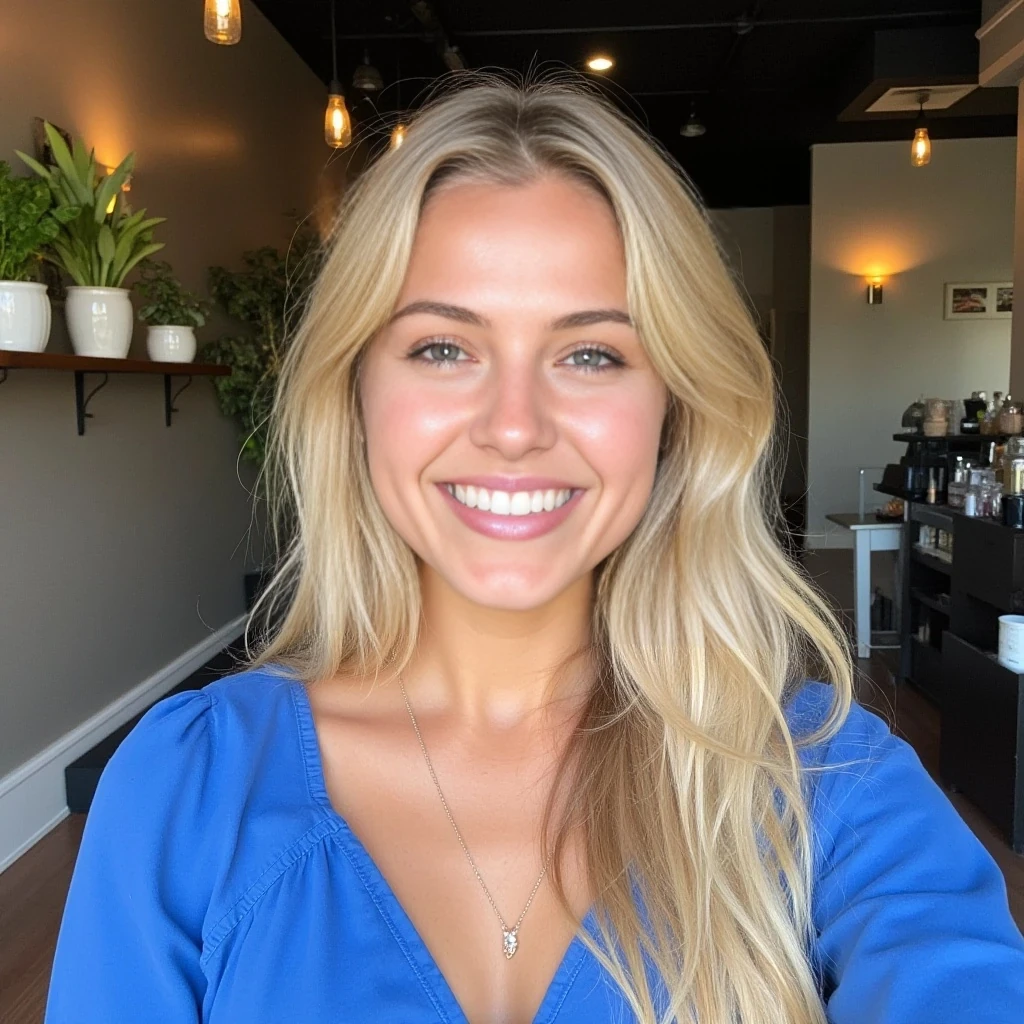 4K, A beautiful young woman with blonde hair, no makeup, naturally imperfect skin, rough skin, smiling warmly as she takes a selfie. The focus is on her radiant expression and the center of her chest, capturing her confidence and charm. The background features a coffee shop and a few carefully placed plants, adding a cozy, stylish touch, with her being featured in a blue top