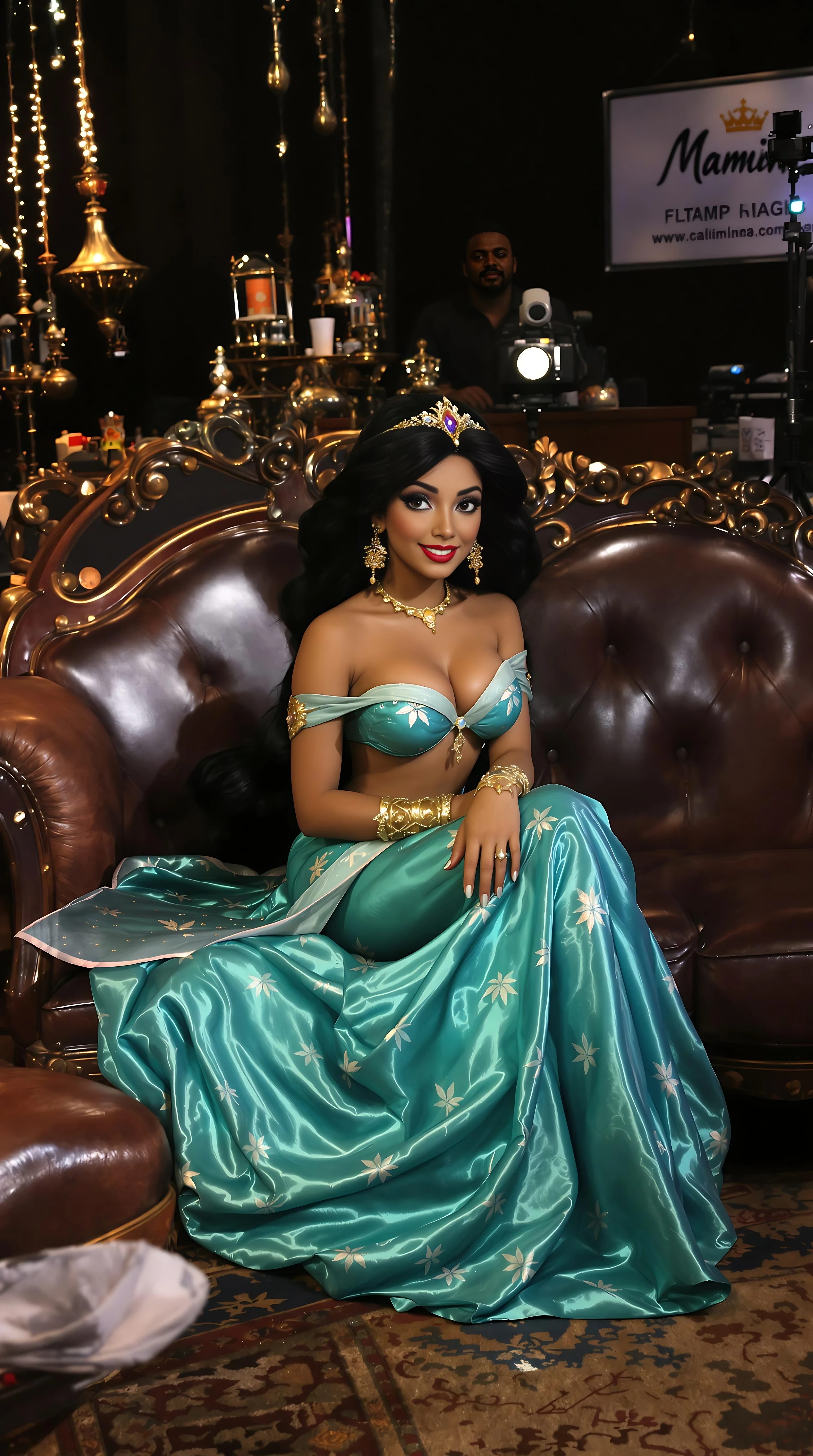 Disney pixar, pixar, Disney princess jasmine, but shes a adult film mexican actress version, sitting pretty on the casting couch, all dolled up, adult filming studio with a couch cameras, and an interviewer and a big large dark skinned man waiting for the filming to begin, I think everyone is eager and excited o watch her work in the adult video scene, porn,