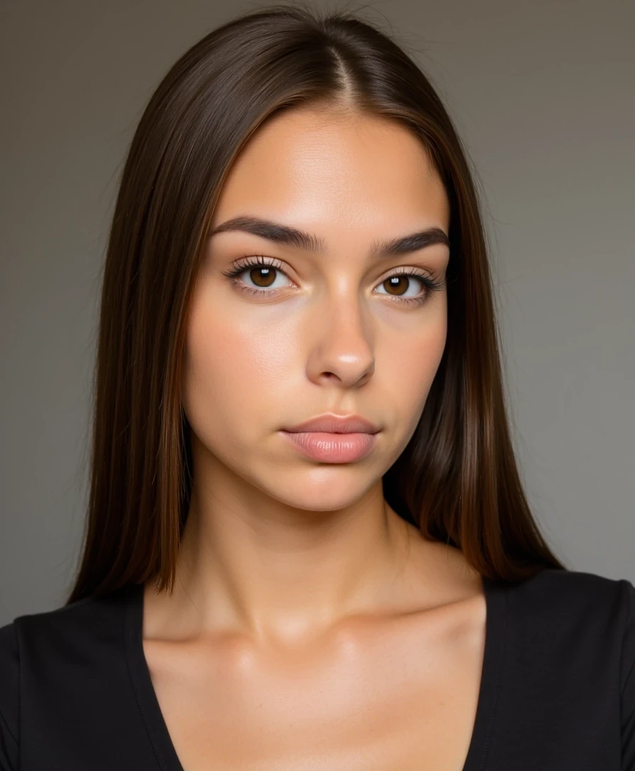 Shot of CSTMDL
Sharp focus on facial features, High dynamic range, 85mm lens look
Big tits.
Body type and measurements:
She is an 18 years old girl. Her hair is long, reaching below the shoulders, with a straight to very slightly wavy texture. It has a healthy, smooth appearance with natural shine and volume. The color is medium to dark brown with subtle warm undertones, and the strands appear moderately thick and uniform in density. The hair is parted slightly off-center or middle in most images, framing the face symmetrically. Eyes are large, almond-shaped, and widely spaced. The irises appear medium to dark brown with a warm, slightly amber tone under natural lighting. Eyelids have a soft natural crease, and the eye area is framed by full, dark lashes and naturally arched brows of medium thickness, which complement the overall symmetry of the face. She has an hourglass figure. Height approximately 64 inches. Bust is full, round, and projected, with an estimated circumference of 36 inches and moderate projection from the chest wall. Underbust estimated at 28 inches, giving a bust-to-waist contrast of about 7 inches. Waist is narrow, strongly cinched, and flat, estimated 24 inches, with a pronounced curve into the hips. Hips are broad and rounded, estimated at 39 inches, with high hip bones and a strong waist-to-hip ratio. Gluteal region is prominent, lifted, and firm, with well-developed curvature extending outward and downward. Thighs are thick and full, estimated at 24 inches at the widest point, with a slight taper toward the knees. Calves are not visible in all photos, but appear balanced with thigh proportions. Abdomen is flat with a bit of fat. Arms are slim with soft definition, estimated upper arm circumference around 9 inches. Shoulders are slightly broad and rounded, creating symmetry with hip width; clavicle line is soft and horizontal. Neck is medium-length and proportionate. Torso is short to medium in vertical length, with the distance from underbust to waist appearing compact. Ribcage is slightly narrow. Legs are long relative to torso, contributing to an elongated lower-body visual impression. Posture appears upright and relaxed, with natural spinal curvature and mild anterior pelvic tilt. Skin surface is smooth and even-toned and lightly tanned.
Scene/Background
The photo is taken in a softly lit, neutral-toned indoor setting—likely a hallway or private room. Light-colored walls and flooring provide a clean, unobtrusive backdrop that brings attention to the subject. A woven pendant light and visible doorframes offer small touches of character and structure, while maintaining an overall minimalist atmosphere.

Position
She is standing and slightly angled toward the camera, holding it above for a close-up selfie. Her posture is upright and composed, with her gaze directed confidently into the lens. The slight tilt of her hips and arm placement create natural curvature and balance within the frame, enhancing the visual composition.

Clothing
She wears a fitted black lace-trim camisole and matching bottoms, blending sheer and opaque textures for a look that is both elegant and alluring. The outfit’s delicate details—lace edging, thin straps, and subtle ribbon accents—add softness, while the monochrome palette keeps the aesthetic refined and cohesive. A silver cross pendant necklace completes the ensemble with a simple, personal touch.

Lighting
Warm, ambient lighting casts a gentle glow across her skin and outfit. The even illumination avoids harsh shadows, instead creating a soft, flattering tone that enhances the lacework and contours without overwhelming the image’s clarity.

Vibe
The atmosphere is polished and self-assured, with an understated sensuality. Her direct gaze and composed styling convey confidence, while the refined outfit and soft setting bring a quiet intimacy. The image balances poise with approachability, making it feel both curated and personal.