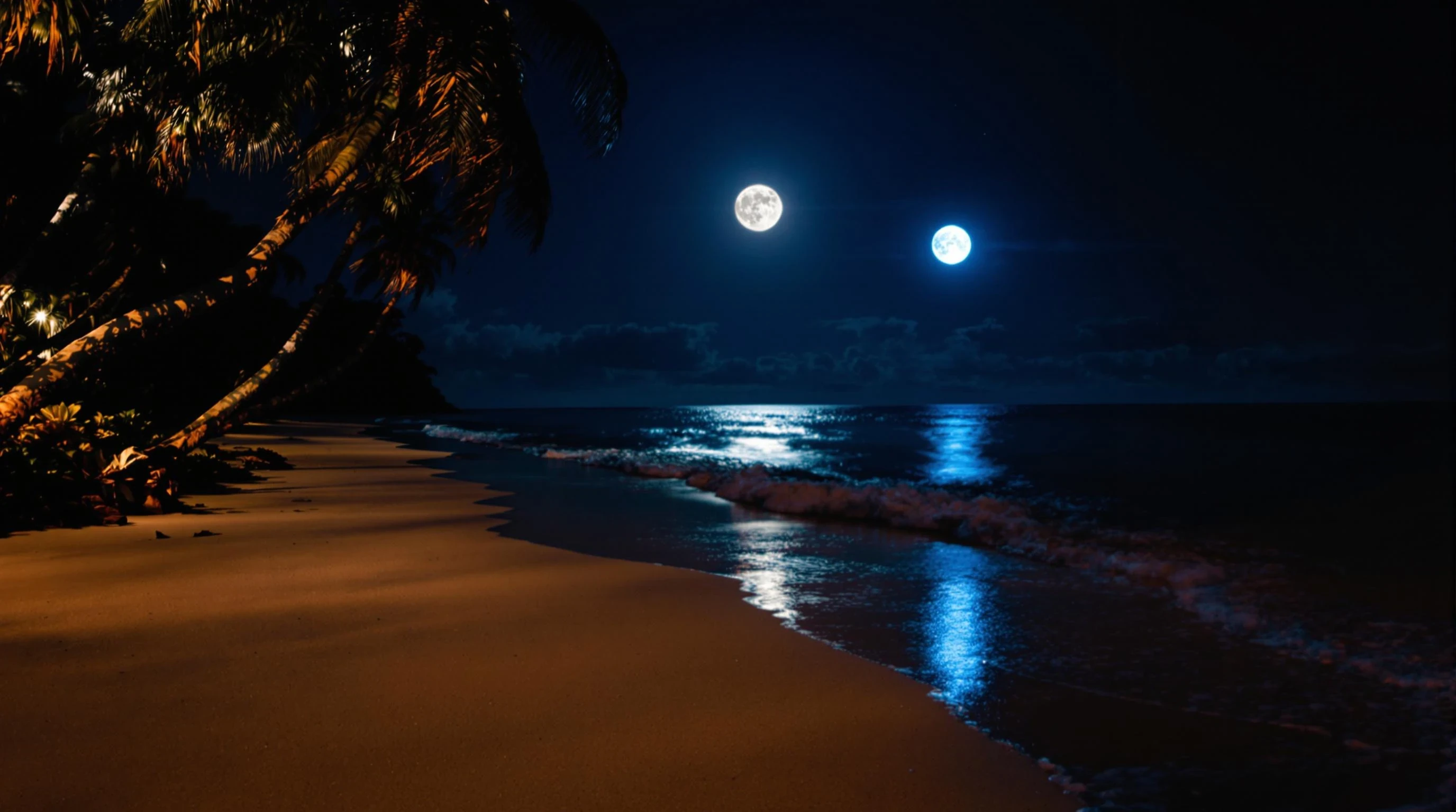 A stunning  image of a woman with tattoos looking sideways, set on a dark tropical beach at night. Strong moonlight and neon reflections. Empty space in the center for a logo overlay. Mystical, powerful, TrapNation-inspired. women is on the side of the image not in the centre. women is looking to the edge of the image
