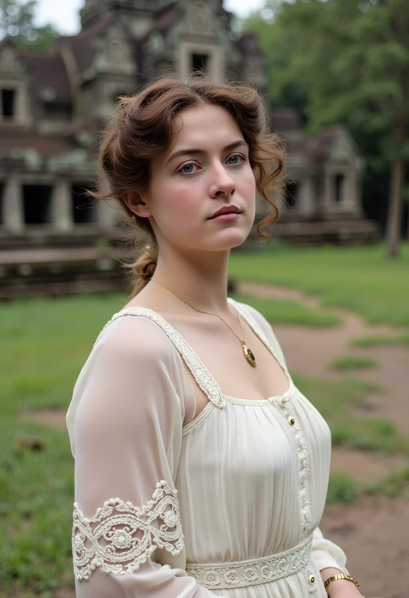 Medium shot of woman CSTMDL, brunette, small pendant, no watch, no ring, hair tied, blue eyes, vintage early 1900 white dress. Her dress is pride and covering her shoulders and most of her body.
She’s working as an archaeologist at Angkor temple. Khmer ruins in the jungle are in the background 