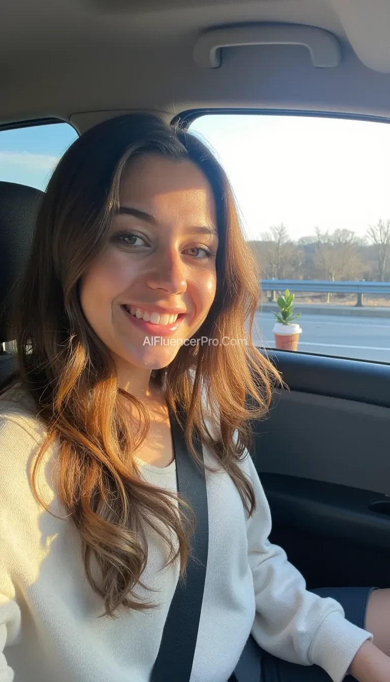 boring low quality snapchat photo circa 2015, A young woman with a warm smile, sitting in the driver's seat of a cozy car. She has soft, wavy brown hair cascading past her shoulders. The sunlight streams through the window, casting a gentle glow on her face. The interior of the car is neat and comfortable, with a coffee cup in the cup holder and a small plant on the dashboard. The background outside the window shows a scenic road lined with trees and blue skies