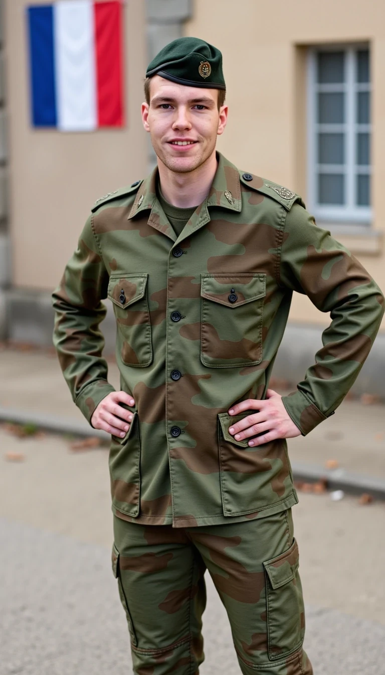 Wearing the French foreign legion military camo uniform standing outside a military barracks with the French flag on a wall, smiling and posing, skinny built