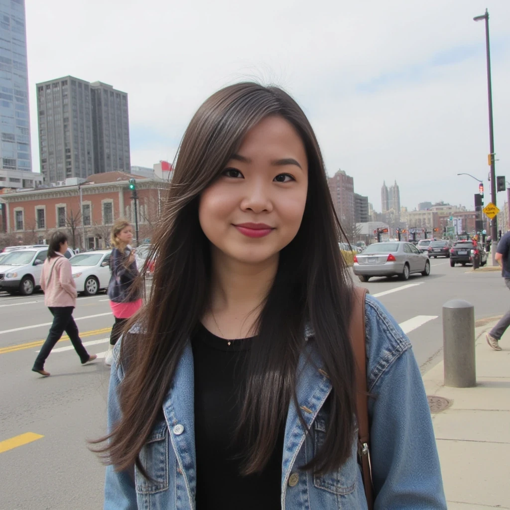 boring low quality snapchat photo circa 2015, asian, cute, dark brown hair, cute outfit, city background