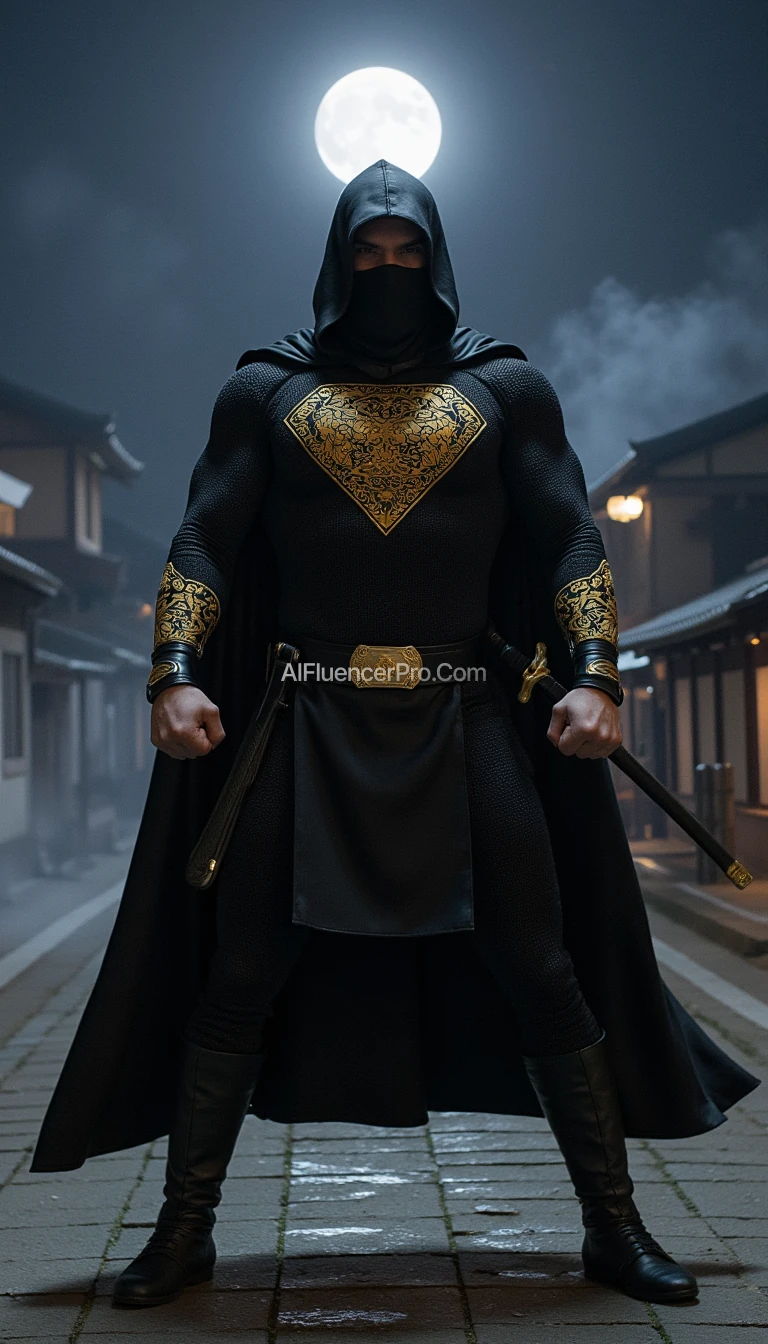 Superman in a ninja appearance, wearing a black costume with intricate golden embroidery inspired by Japanese designs on the arms and chest. His cape is short and seamlessly integrated into the costume, designed for stealth. Superman is in a striking pose, knees slightly bent, one hand holding a short ninja-style sword, and the other forming a clenched fist ready to strike. The background features a traditional Japanese village at night with a full moon and thin mist, creating a mysterious and dramatic atmosphere.