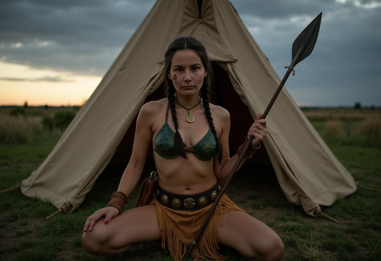 Medium shot photo of a beautiful 25-year-old with a slender athletic build. A Native American woman warrior with small petite almost flat breasts, wearing native American Regalia, posing stoically in front of a round native American plains style tipi. The tipi is a large tipi, large enough for a small family. Set under dim natural sunrise light. The sun has barely begun to peek over the horizon. The image has a dull color palette, with the greenery of the ground around the tipi being dark green and browns cast with shadows and dull gray sky meets the sunrise on the horizon enhancing the moody atmosphere. The woman, who is Native American in appearance, has a slim athletic build and petite tiny almost flat breasts. She is wearing a top that  consists of two real turtle shells in a dark green palette, a turtle shell fitted over each breast and strung together to turn them both into a bra. They look rigid and tough like snapping turtle shells. A smoked hide leather panties that are smoked golden brown in color.She is wearing heavy leather vambraces on her forearms that go all  the way up to below her elbow and leather wraps around her shins that go all the way up to below her knees. She is wearing a dark brown, thick, wide, leather kidney belt with circle brass plates as wide as the belt riveted around it's exterior from which a short fringe breechcloth with widely spaced thin cut fringe is fitted to it is a golden smoked hide brown color. It drapes loosely overtop of her panties and down to just below her panties in length. It is widely spaced fringed you can still see her entire turtle shell bra and leather panties. She is wearing ankle height smoked hide moccasins on her feet. Her hair is Native American styled with 2 long braids. She is a fierce sight, a confident capable warrior. She weilds a long steel spear in her right hand with a small spear tip and a long shaft which is where her hand is gripped. There is a bundle of arrows in a smoked hide quiver on her back. She sits on the ground in front of the tipi with her legs spread apart towards the camera. You can see you can see her panties under her long fringe breechcloth. The woman is looking directly at the camera stoically without any other expression. She has red warpaint streaked in one straight line along her cheekbones. There is no explicit nudity visible. Cinematic shooting style. Romantic setting.