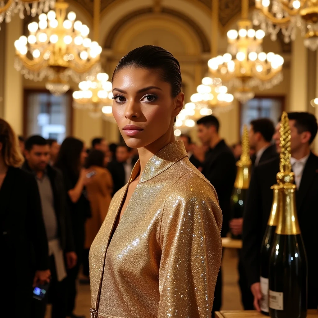 Paris Fashion Week Harper's Event
Shot on Leica M11, 75mm f/1.4, ISO 400, 1/250 sec. Captured at Ritz Paris. Model in Balmain couture with gold thread and crystal embellishment. Strategic beauty lighting emphasizing high cheekbones and graceful neck line. Carine Roitfeld-inspired styling. Background: French fashion editors, vintage chandeliers, champagne towers creating bokeh effect at f/2.
 CSTMDL