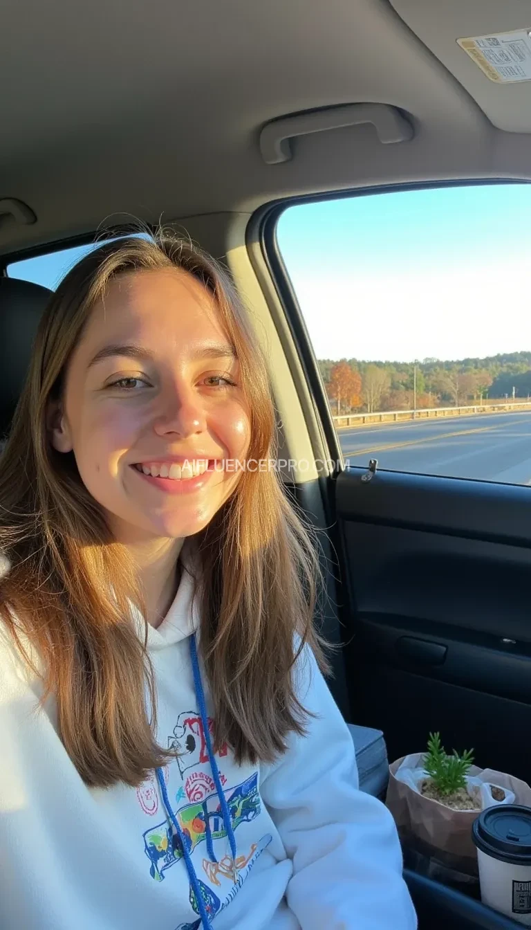 boring low quality snapchat photo circa 2015, A young woman with a warm smile, sitting in the driver's seat of a cozy car. She has soft, wavy brown hair cascading past her shoulders. The sunlight streams through the window, casting a gentle glow on her face. The interior of the car is neat and comfortable, with a coffee cup in the cup holder and a small plant on the dashboard. The background outside the window shows a scenic road lined with trees and blue skies