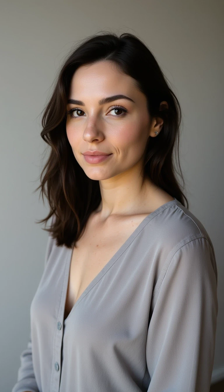 Softly lit studio portrait, neutral backdrop, minimal makeup, relaxed pose, hair down, wearing soft grey blouse, CSTMDL woman