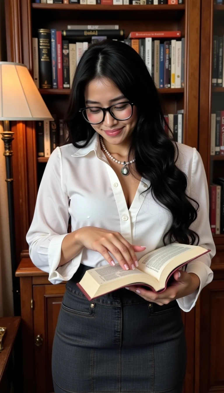 This is a high-resolution photograph of Amy, a sultry black haired woman with long, wavy hair tucked into a tight bun. She’s wearing rectangular black-framed glasses, a fitted white blouse, and a charcoal gray pencil skirt that hugs her curves. Her blouse is buttoned to the top, and she wears a pearl necklace with a vintage cameo pendant. Amy is standing in front of a tall bookshelf filled with classic novels, the warm glow of a desk lamp casting golden tones across the scene. She is holding a book open in one hand and looking down at it with a soft smile. The camera angle is slightly low, capturing her from the waist up, emphasizing the curve of her hips and the crisp professionalism of her outfit.