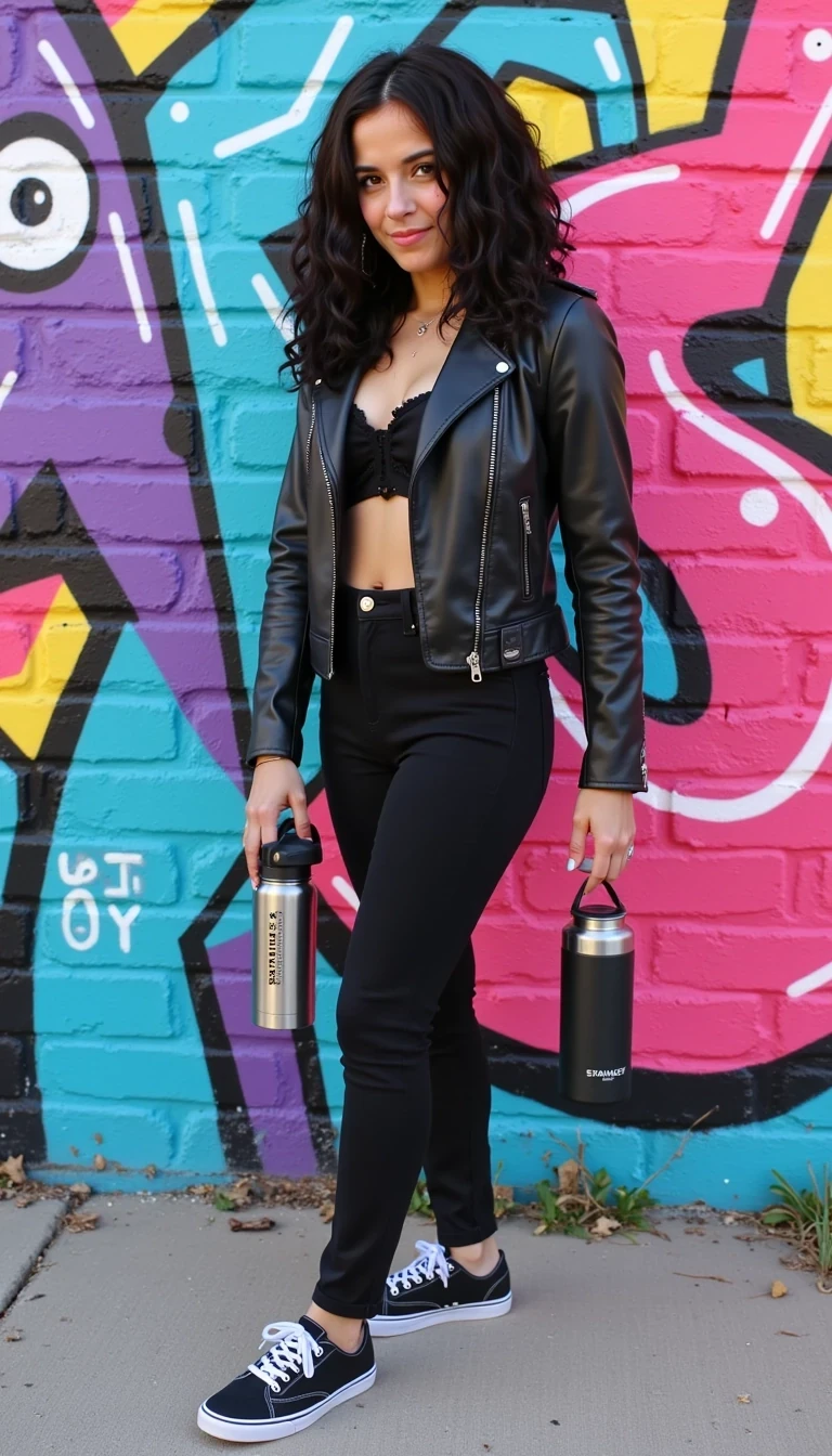 Full body shot of CSTMDL Nyxie 2 standing in front of a vibrant graffiti wall, wearing a black leather jacket and sneakers, holding a Stanley water bottle, with colorful urban energy all around. Her usal dark hair is in light ringlet curls.