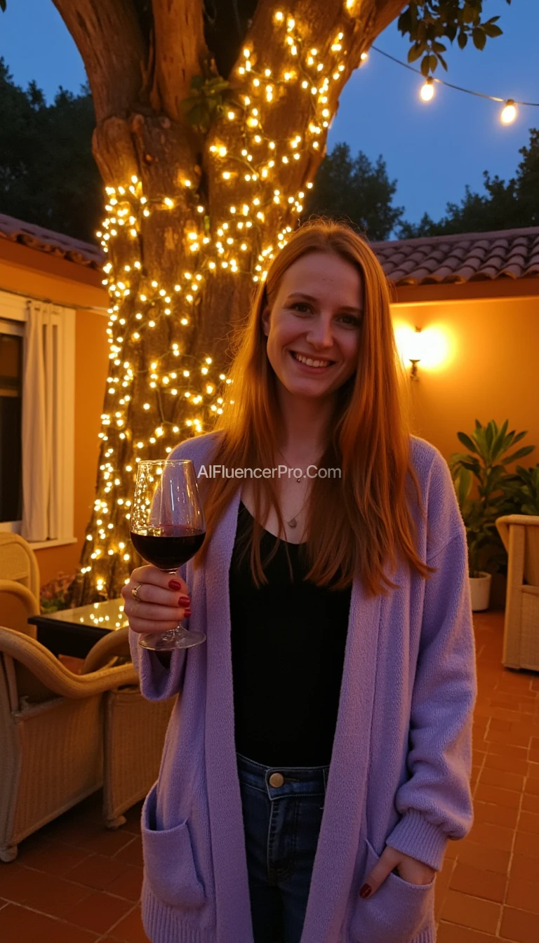 A full body shot photo of a woman standing outdoors at a cozy, warmly lit patio in the evening, with soft, glowing lights wrapped around a tree behind them creating a charming atmosphere. The image is rich in detail, with warm tones and clear textures throughout. The woman has fair skin, a slim build, and long reddish-blonde hair, also worn loose. She is smiling warmly at the camera, holding a glass of red wine in her right hand, and wears a soft-textured lavender cardigan over a black top. The background features a large tree with sparkling string lights wrapped around its trunk and branches, adding a magical touch to the scene. The setting suggests a private outdoor seating area, with elements like terracotta-tiled roofing, greenery, and rattan chairs contributing to a serene, inviting vibe. The overall composition is balanced, with the woman framed against the softly glowing tree, and the lighting enhances the warm, intimate feel of a quiet evening shared among friends. The details are vivid, with textures of clothing, skin, and background elements clearly visible, while the warm lighting creates a relaxed and joyful mood