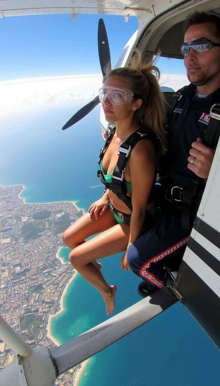 A high-quality, hyper-realistic photo taken with the precision of an iPhone 15 Pro, capturing a stunning moment from the exterior of a Dubai Skydive propeller plane. The perspective is from the wing, looking directly at the open rear door, where a 25-year-old Colombian woman sits on the edge with her tandem instructor, both poised for their jump. Valeria is wearing a vibrant emerald green  swimsuit, with a classic bikini just the bottom section of the swimig siut the panty, because she is topless showing her natural boobs with her nipples not that small, perfectly complementing her glowing tan skin. Over her swimsuit, she is secured in a sleek professional parachuting harness, and a pair of clear protective skydiving goggles fits snugly over her face. Her long, caramel-colored hair is tied back in a ponytail, with loose strands flying wildly in the strong wind.

She sits with her legs dangling over the edge of the plane, her body slightly leaned forward in preparation for the jump. Her expression, visible through the goggles, is a mix of exhilaration and nervous excitement, capturing the thrill of the moment. Behind her, her tandem instructor, dressed in a professional Dubai Skydive jumpsuit with visible logos, sits calmly, holding onto the straps of her harness to ensure her safety.

Below them, the iconic Palm Jumeirah island unfolds in breathtaking detail, its intricate fronds and luxurious villas surrounded by turquoise waters sparkling under the bright sunlight. The sleek white fuselage of the plane contrasts beautifully with the vivid blue sky, creating a dynamic composition that combines adventure, luxury, and the awe of a once-in-a-lifetime experience."