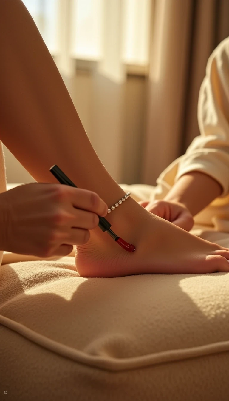 CSTMLD
Ultra-realistic cinematic close-up shot. Focus on Luna’s hand delicately applying glossy deep red nail polish to her toenails. Her slender fingers, perfectly manicured, hold the brush with precision, droplets of varnish catching warm light. The curve of her smooth foot rests lightly on a velvet ottoman, anklet glimmering subtly. Background blurred: a hint of her silky champagne robe sliding off thigh, golden skin tone softly illuminated. Camera: macro 85mm lens f/1.4, extreme shallow DOF, highlighting polish, skin texture, and jewelry sparkle.
Lighting: warm golden afternoon sunlight through sheer curtains, with cinematic soft highlights on nail polish and skin.
Style: hyper-detailed textures (varnish shine, smooth skin, silk fabric), glossy 8K editorial close-up.