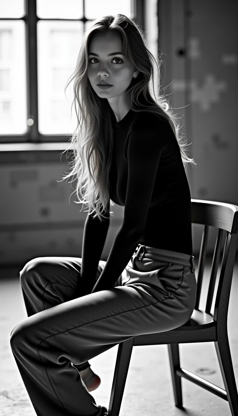 barefoot young European woman with long brown hairs and big boobs model, early 20s, intense gaze, tousled long hair, sitting sideways on a simple wooden chair, one arm resting on knee, the other dangling, wearing a fitted black long-sleeve bodysuit and loose grey wool trousers, industrial loft studio with large open window, backlit by soft natural light, high-contrast black-and-white fashion editorial photo, shallow depth of field, 50 mm lens, f/2, ISO 100, cinematic mood
