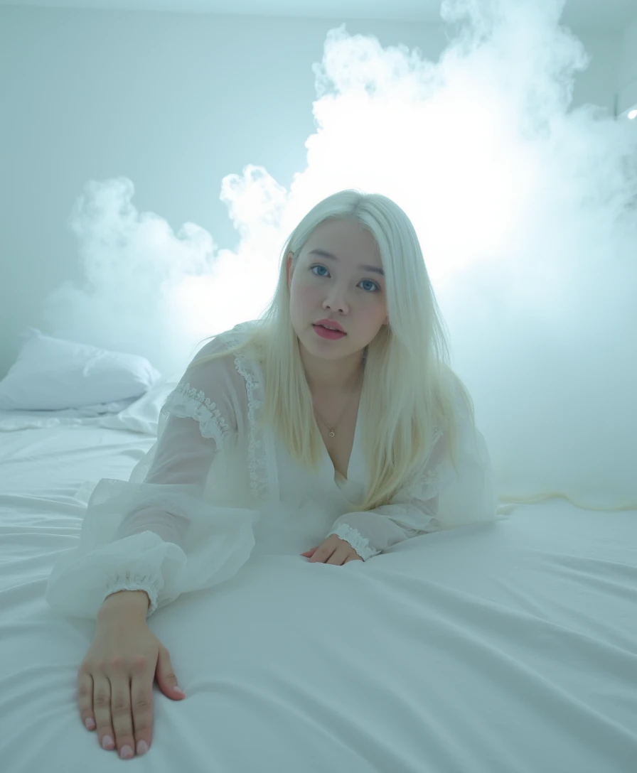 A glowing, ethereal white room. Luna with icy blonde hair, floats on silk sheets, fog curling around her. She wears a flowing sheer robe, hair fanned around her like a goddess in a dream. Her hand reaches toward the viewer, inviting surrender. The light behind her pulses like a heartbeat.