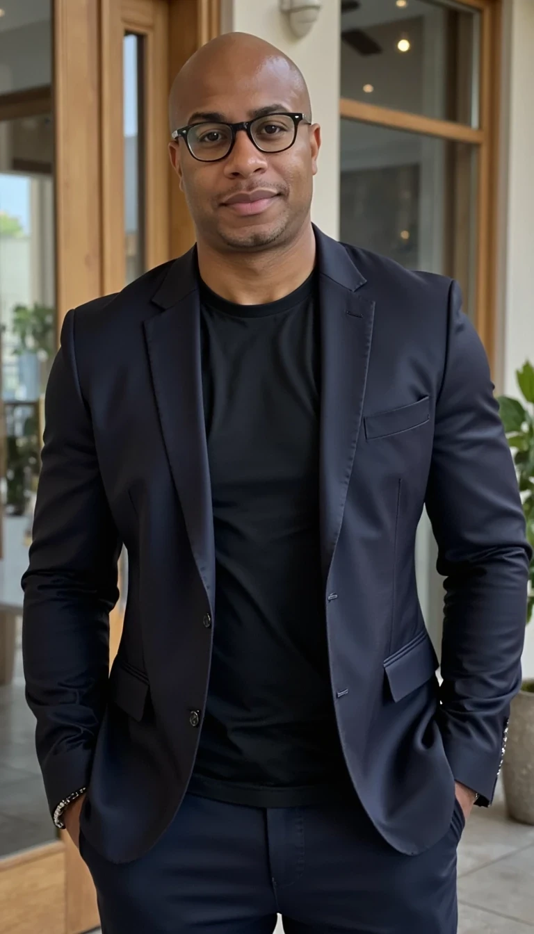 Full body image. make him more realistic and similar. Businessman, He is wearing a suit and modern Ray-Ban reading glasses. Slim but muscular build. He is facing the camera directly, as if posing for an award show red carpet picture. He looks like a CEO of a huge corporation with tshirt open, CSTMDL, Face of Carter and bald head