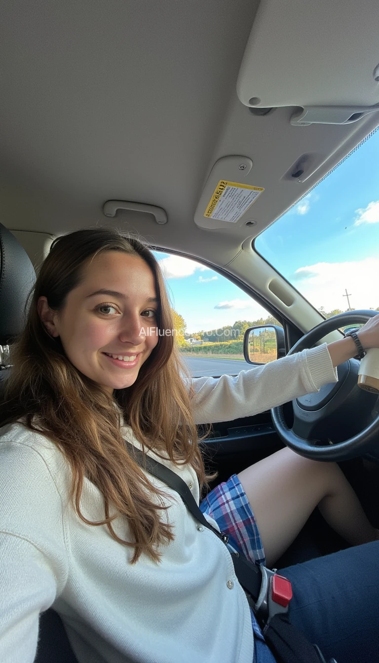 boring low quality snapchat photo circa 2015, A young woman with a warm smile, sitting in the driver's seat of a cozy car. She has soft, wavy brown hair cascading past her shoulders. The sunlight streams through the window, casting a gentle glow on her face. The interior of the car is neat and comfortable, with a coffee cup in the cup holder and a small plant on the dashboard. The background outside the window shows a scenic road lined with trees and blue skies