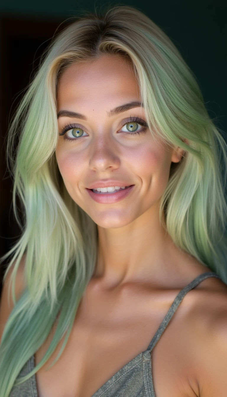 portrait of beautiful passionate petite fit young woman around 20years old looking to camera, beautiful big green eyes, platinum hair with little green shade, nice smile