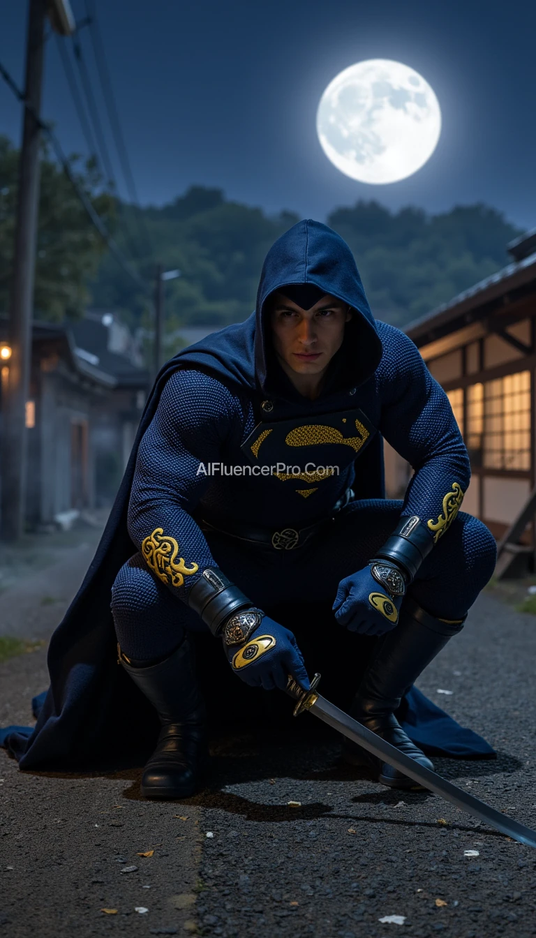 Superman in a ninja appearance, wearing a dark blue costume with intricate golden embroidery inspired by Japanese designs on the arms and chest, featuring his iconic 'S' emblem prominently displayed on the chest in gold. His cape seamlessly integrated into the costume, designed for stealth. Superman is crouched low in a dynamic battle-ready stance, one knee bent deeply while the other leg stretches back for balance. One hand tightly grips a katana sword positioned diagonally, ready to strike, while the other forms a defensive clenched fist. His sharp, focused gaze reflects determination. The background features a traditional Japanese village at night with a full moon glowing brightly and thin mist weaving through the scene, adding an air of mystery and intensity.