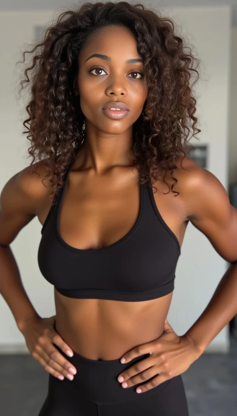 boring low quality snapchat photo circa 2015, a fit woman model as fitness influencer wearing gym outfit in the bodybuilding gym, Black girl, thin features, full lips, green eyes, curly brown hair