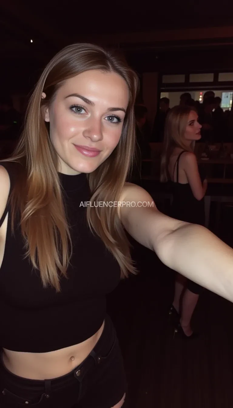 boring low quality snapchat photo circa 2015, woman model at techno party in berghain night club in berlin at night the woman model wears a black high neck tanktop. and ripped black jeans., , cute woman, soft light brown hair, selfie