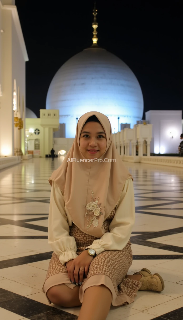 A beautiful young Indonesian woman wearing a cream-colored hijab decorated with floral motifs,
sitting on the floor against the background of a magnificent mosque, a geometric tiled street.
The background shows the dome and minaret of the mosque illuminated by light, creating a solemn and peaceful atmosphere.
