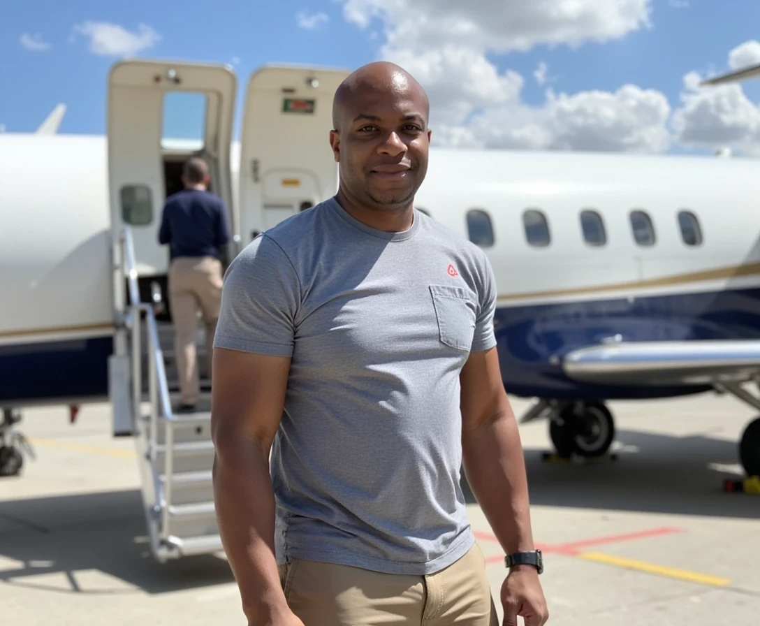 Magazine shoot, boarding private jet ,  t shirt and khakis,  same face of Carter with bald head, lean look, cstmdl